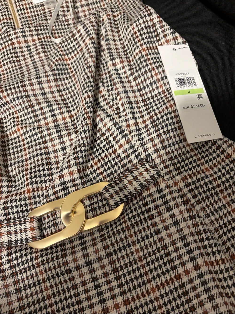 Calvin Klein Houndstooth midi dress in Black, Brown & Cream with Gold Buckle